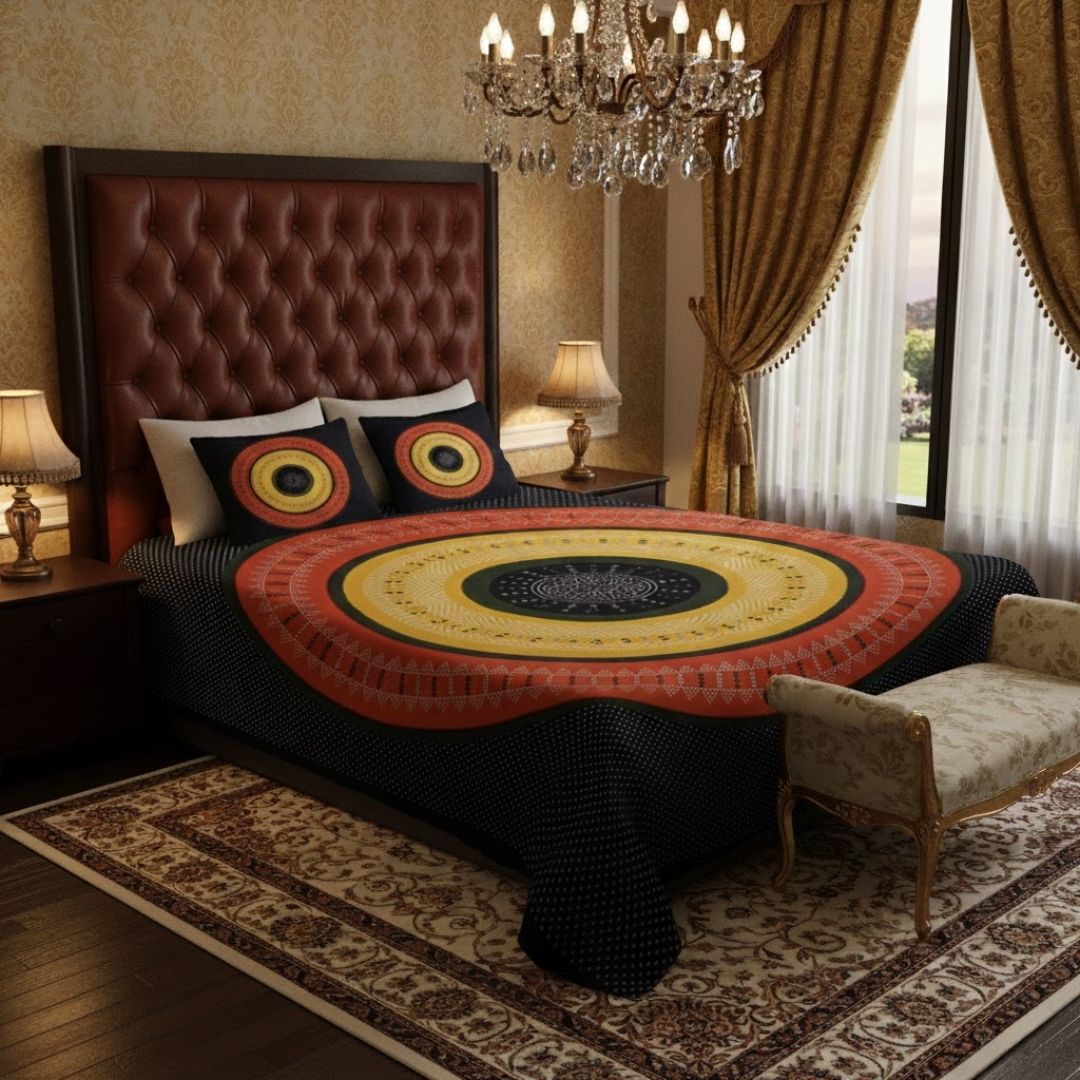 Double Bedsheet Black Red With Round Shape Bandhej Print